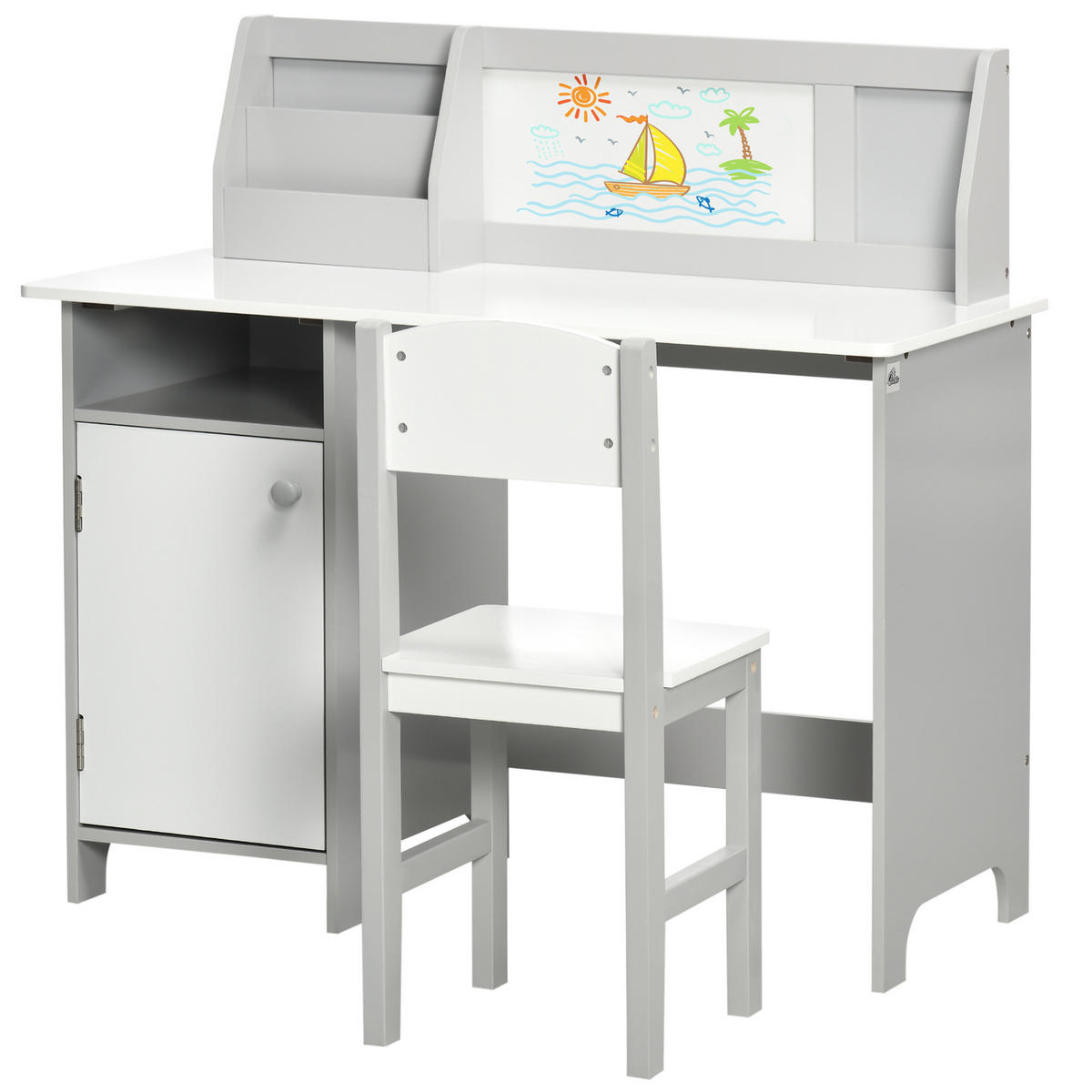 KINDER-SCHREIBTISCHSET DE-17514 mit Weißwandtafel und Stauraum Grau - Grau, Holzwerkstoff (90/85/45cm) - ComfortXL