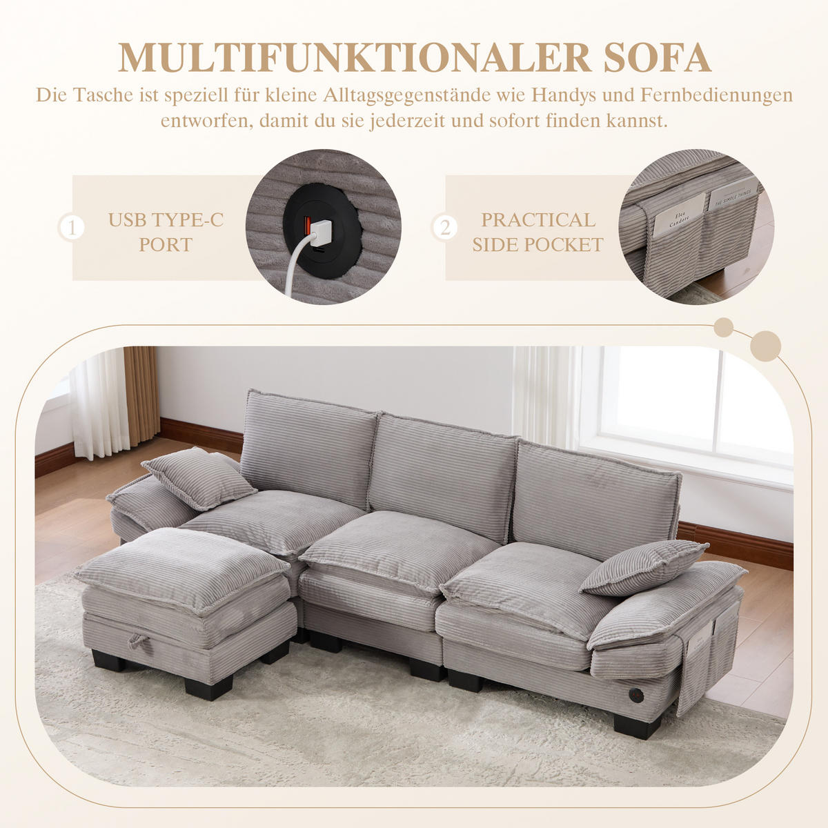 ECKSOFA 260/132/84 cm Hellgrau Cord mit 1 Fußhocker, USB-C-Anschluss und Seitentaschen - Hellgrau, Textil (260/132cm) - Oxeza
