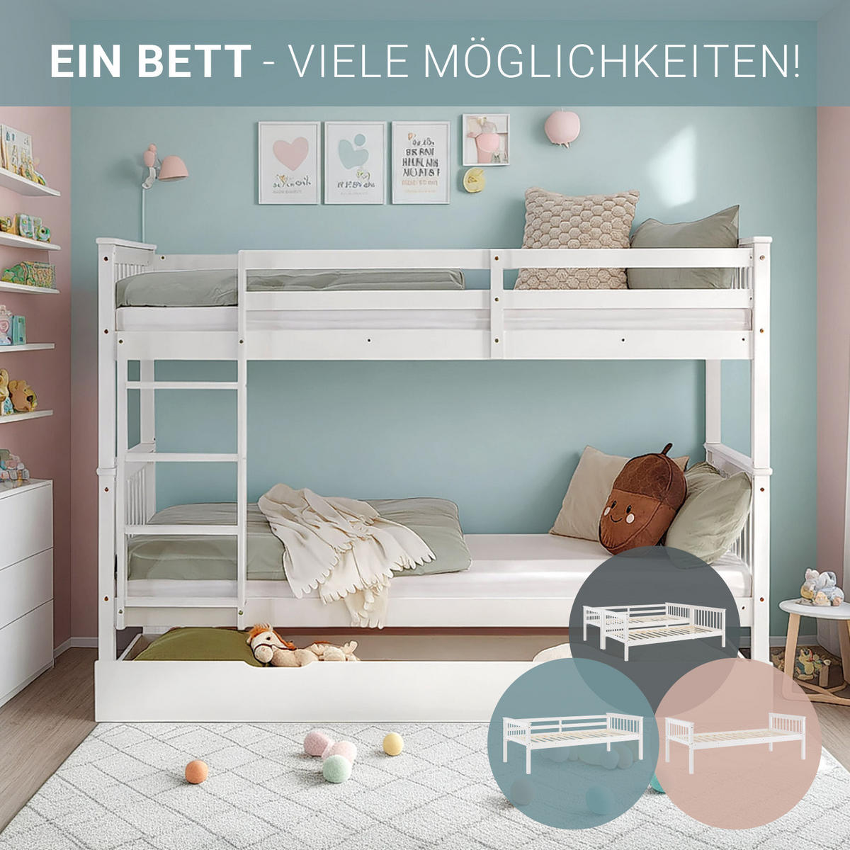 ETAGENBETT mit Matratze Bettkasten 90/200 cm Weiß - Weiß, Holz (90/200cm) - Homestyle4u