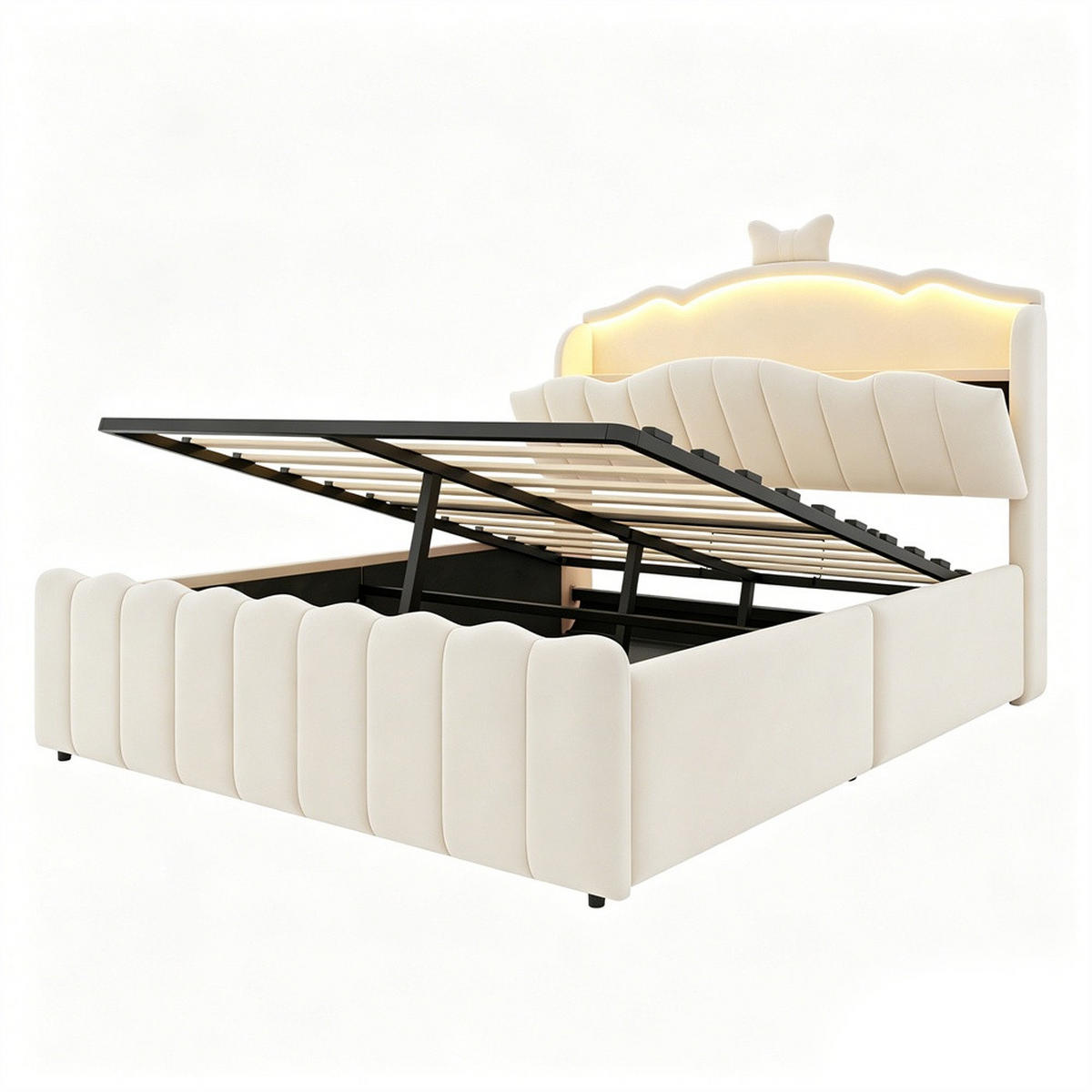 POLSTERBETT 140x200 cm mit hydraulischem Stauraum und LED Beleuchtung - 3USB - Anschlüsseund Typ-C - Beige - Beige, Textil (140/200cm) - DELFA