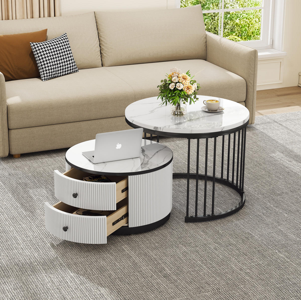 COUCHTISCH-SET 60/60/45,5 & 50/50/32 cm weiß/schwarz aus MDF mit 2 Schubladen - Weiß, Holzwerkstoff (60/60/45cm) - OKWISH