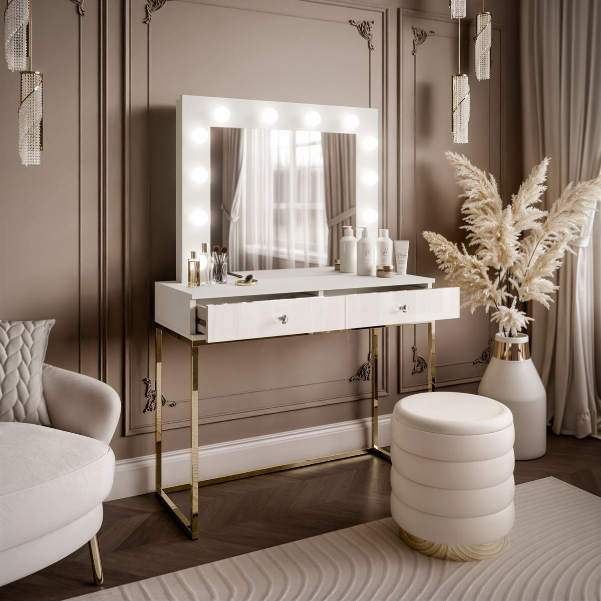 SCHMINKTISCH BLANCO mit Spiegel und Beleuchtung Gold Chrom Weiß Hochglanz Kristallgriff - Weiß Hochglanz/Goldfarben, Holzwerkstoff (100/146/42cm) - Lookway