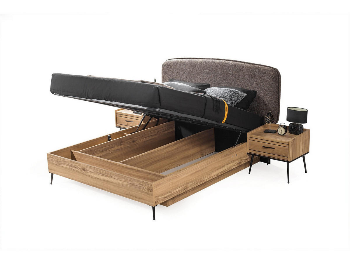 BETTANLAGE CIZGI Schlafzimmer-Set, 4-teilig, Eiche, Bett mit Kopfteil 2 Nachttischen und Kleiderschrank - Eichefarben, Holzwerkstoff (160/200cm)