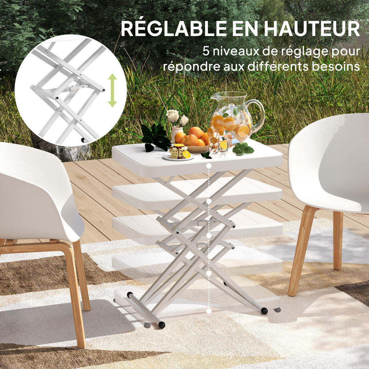 GARTENKLAPPTISCH DE-14174 höhenverstellbar 5-Stufen Weiß - Weiß, Metall (65/45/70cm) - ComfortXL