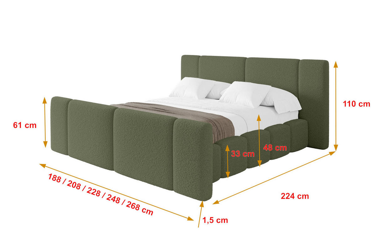 POLSTERBETT mit Bettkasten, Fußteil und Lattenrost, Bett mit Matratze H3/H4 - NILO-Z 200x200 Grün - Olivgrün, Holzwerkstoff/Textil (200/200cm) - ALTDECOR