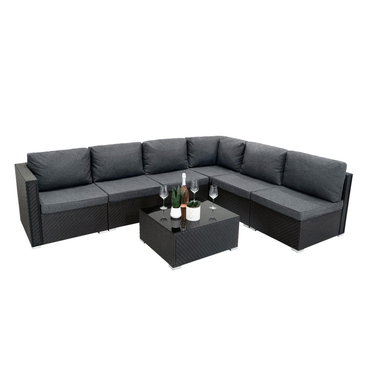 LOUNGEGARNITUR MODULAR Rattan 7-teiliges Schwarz - Schwarz, Kunststoff - Jardi
