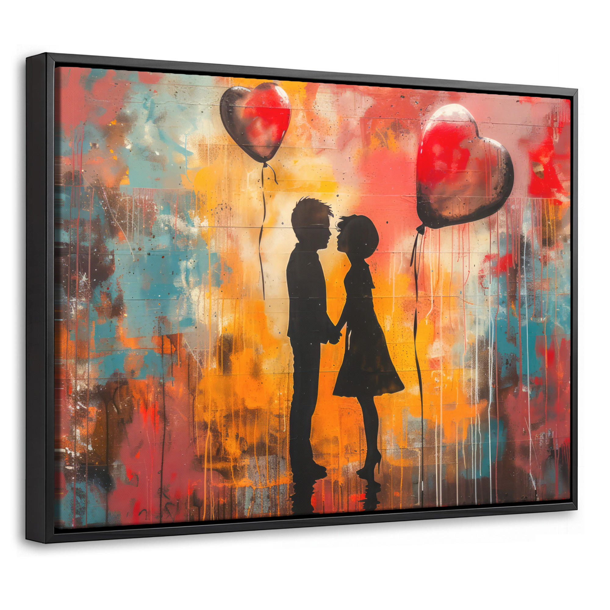 LEINWAND Bilder mit Rahmen - Straßenkunst - Liebe - Graffiti - Kunst - Banksy - 40x30 - Orange, Textil (40/30cm) - MuchoWow