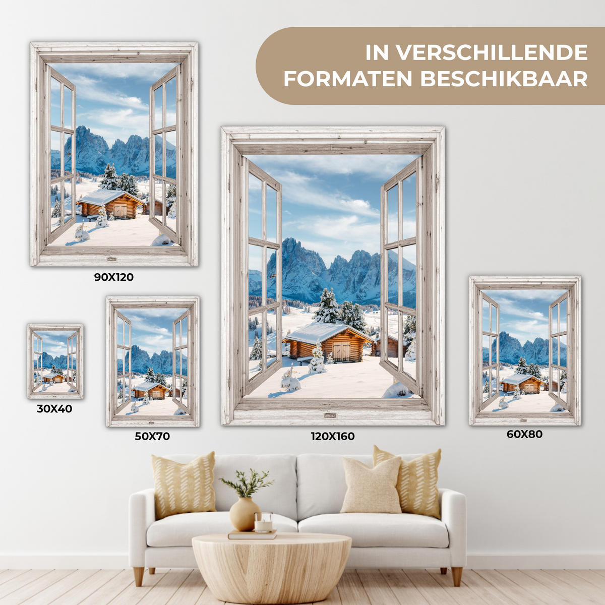 LEINWANDBILD Winterlandschaft - Hütte - Berge - Ausblicke - Aussicht - Natur Room Decor 30x40 cm - Weiß Hochglanz, Textil (30/40cm) - MuchoWow