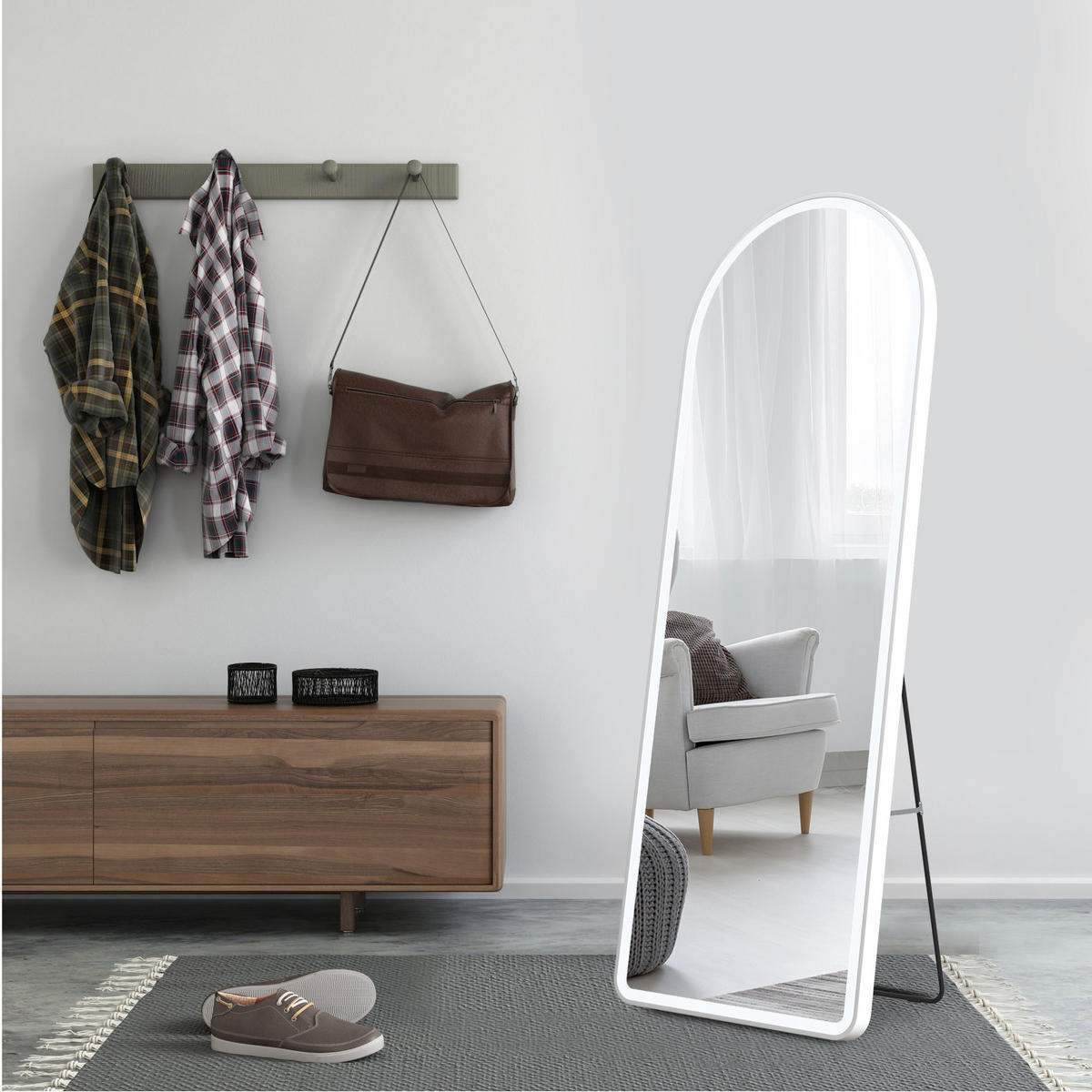 STANDSPIEGEL mit Beleuchtung und Rahmen weiß 160/60 cm - Weiß, Glas/Metall (60/160/160cm) - EMKE