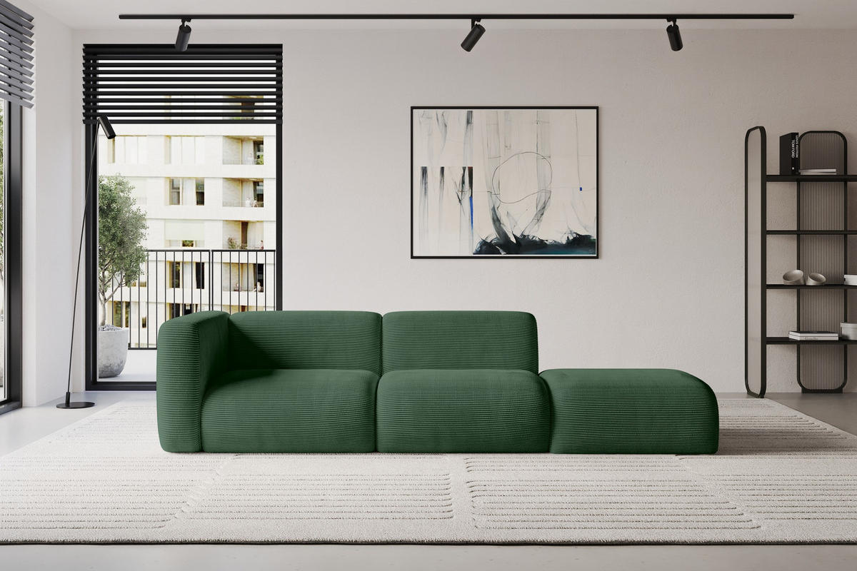 SOFA Ottomane Links MIRA-S3 296x89x70 Grün Cord - Salbeigrün/Schwarz, Holzwerkstoff/Kunststoff (296/70/89cm) - ALTDECOR