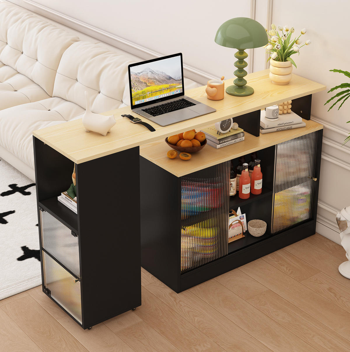 BARTISCH ausziehbar mit Stauraum Schwarz MDF/Glas - Schwarz, Holz (40/90/155cm) - Beauniv