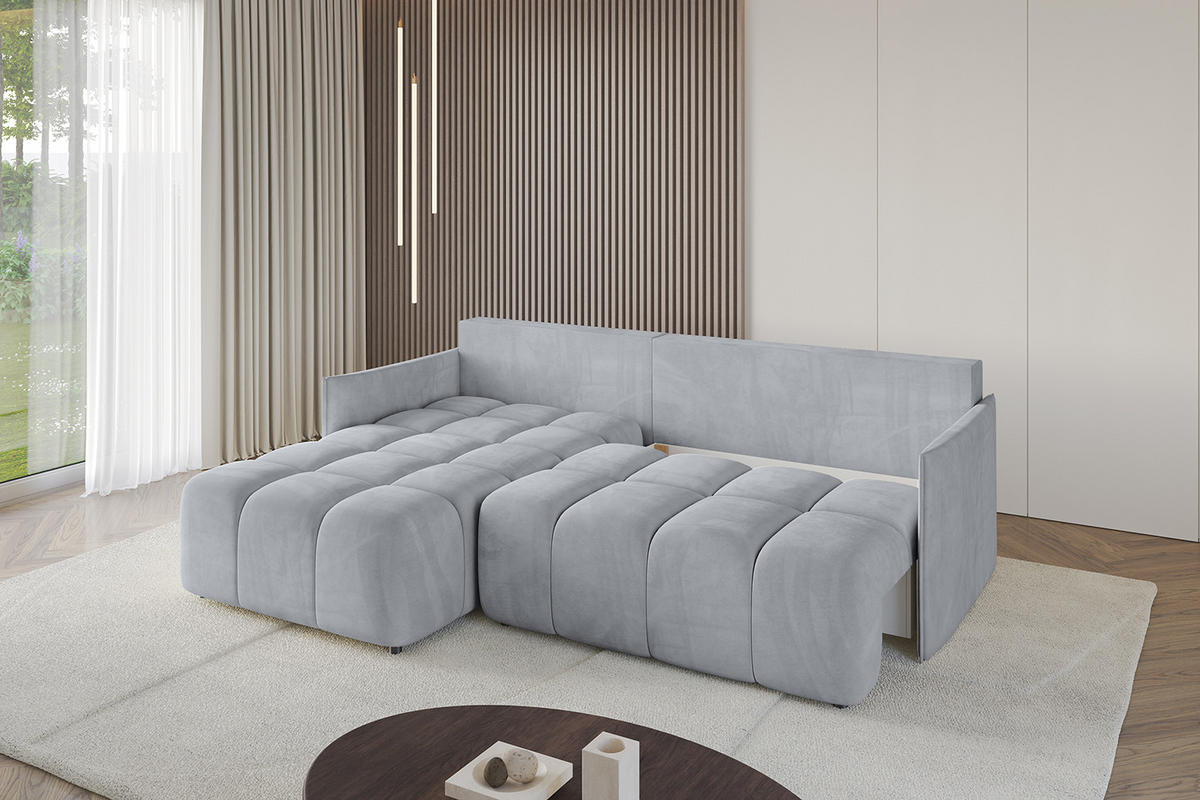 ECKSOFA mit Schlaffunktion und Bettkasten LONLI-L 242x175x88 Hellgrau Velours - Hellgrau, Holzwerkstoff/Kunststoff (242/175cm) - ALTDECOR