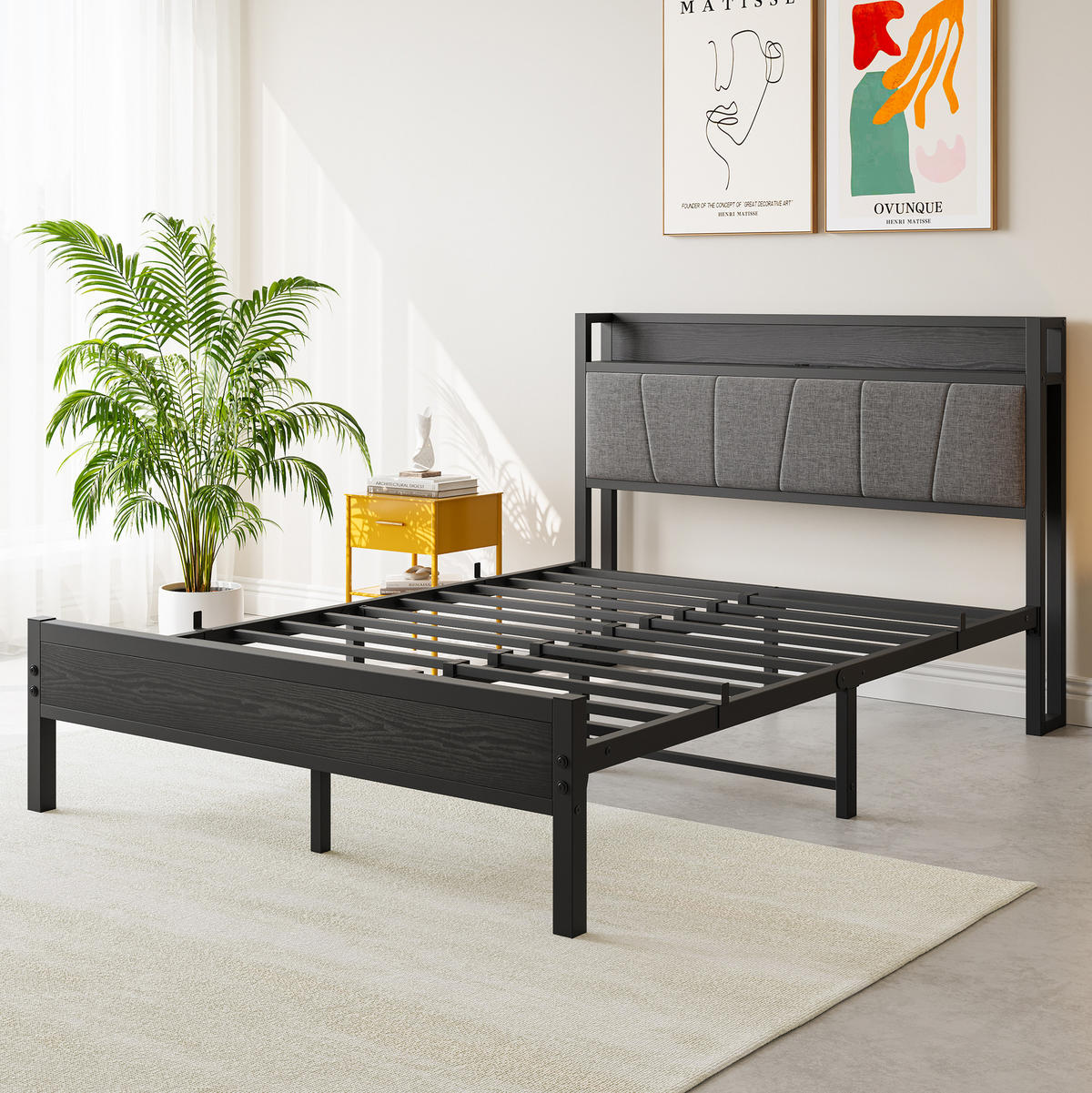 METALLBETT 140/200 mit Gepolstertes Kopfteil und Steckdose Jugendbett ohne Matratze, 27 cm Bodenfreiheit - Schwarz/Grau, Holzwerkstoff/Textil (140/200cm) - STILVORA