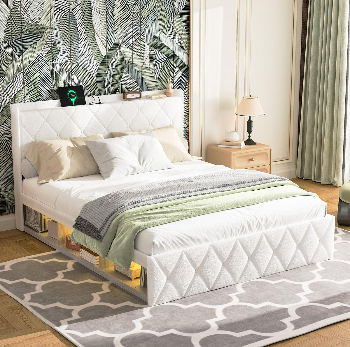 POLSTERBETT 140/200 cm mit LED-Beleuchtung, USB-Ladefunktion und Stauraum, Weiß - Weiß, Textil (140/200cm) - Redom