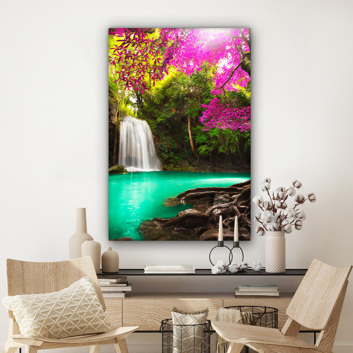 LEINWANDBILD Wasserfall mit bunten Blumen und Bäumen - Natur - Dschungel 90x140 cm - Waldgrün, Textil (90/140cm) - MuchoWow