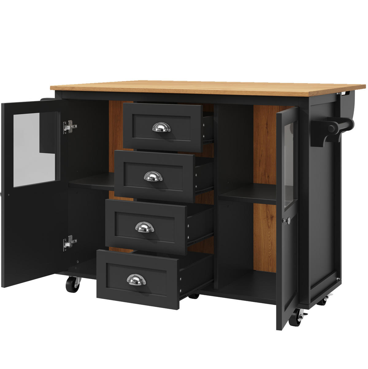 KÜCHENINSEL 137.9x73x92.5cm Schwarz mit Doppeltüren & 4 Rollen - Schwarz, Holzwerkstoff (137.9/92.5/73cm) - Modfu