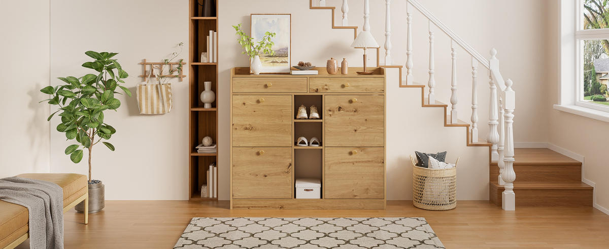 SCHUHSCHRANK 4 Klappen 2 Schubladen 110x26x100 cm - Naturfarben, Holzwerkstoff (110/100/26cm) - LEBENLANG