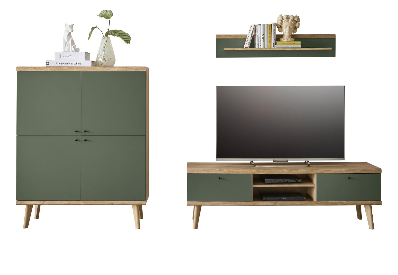 WOHNWAND 3-teilig salbei grün, Eiche Evoke, skandinavisch 277 cm, Schrankwand mit Highboard - Salbeigrün/Eichefarben, Eichenholz/Holz (277/160/40cm) - Furn.Design