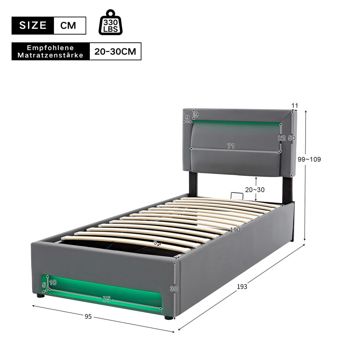 POLSTERBETT 90x190cm Grau PU Mit USB LED & Stauraum - Grau, Leder (90/190cm) - FLIEKS