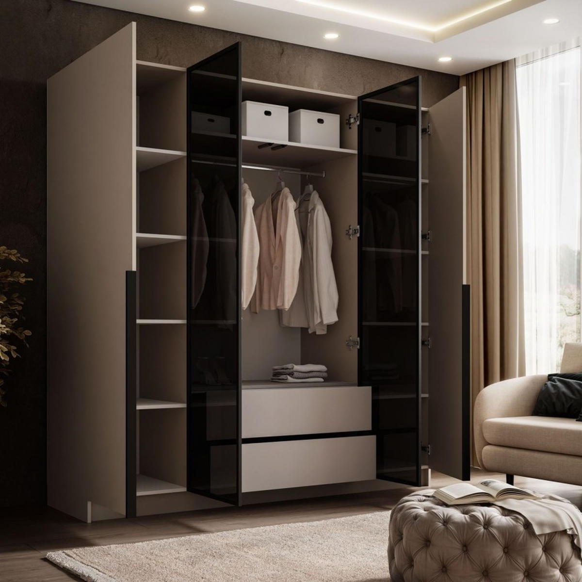 VIERTÜRIGER Schrank ATRIUM mit Glasfront - Kaschmir, Holzwerkstoff (200/210/57cm) - Lookway