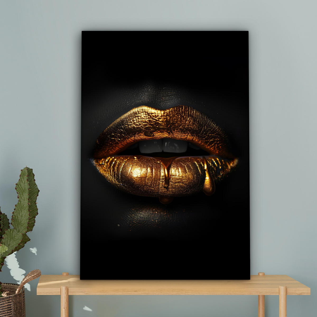 LEINWANDBILD Frau - Porträt - Lippen - Gold - Schwarz Wanddeko Schlafzimmer 60x90 cm - Schwarz, Textil (60/90cm) - MuchoWow