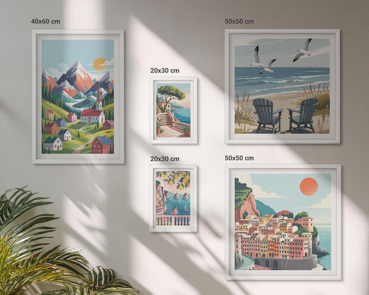 BILDER SET 5er Set - 50x50 cm & 20x30 cm & 40x60 cm Weißer Rahmen - Pastellfarbene Küstenhäuser - Weiß, Kunststoff (40/60cm) - TULUP