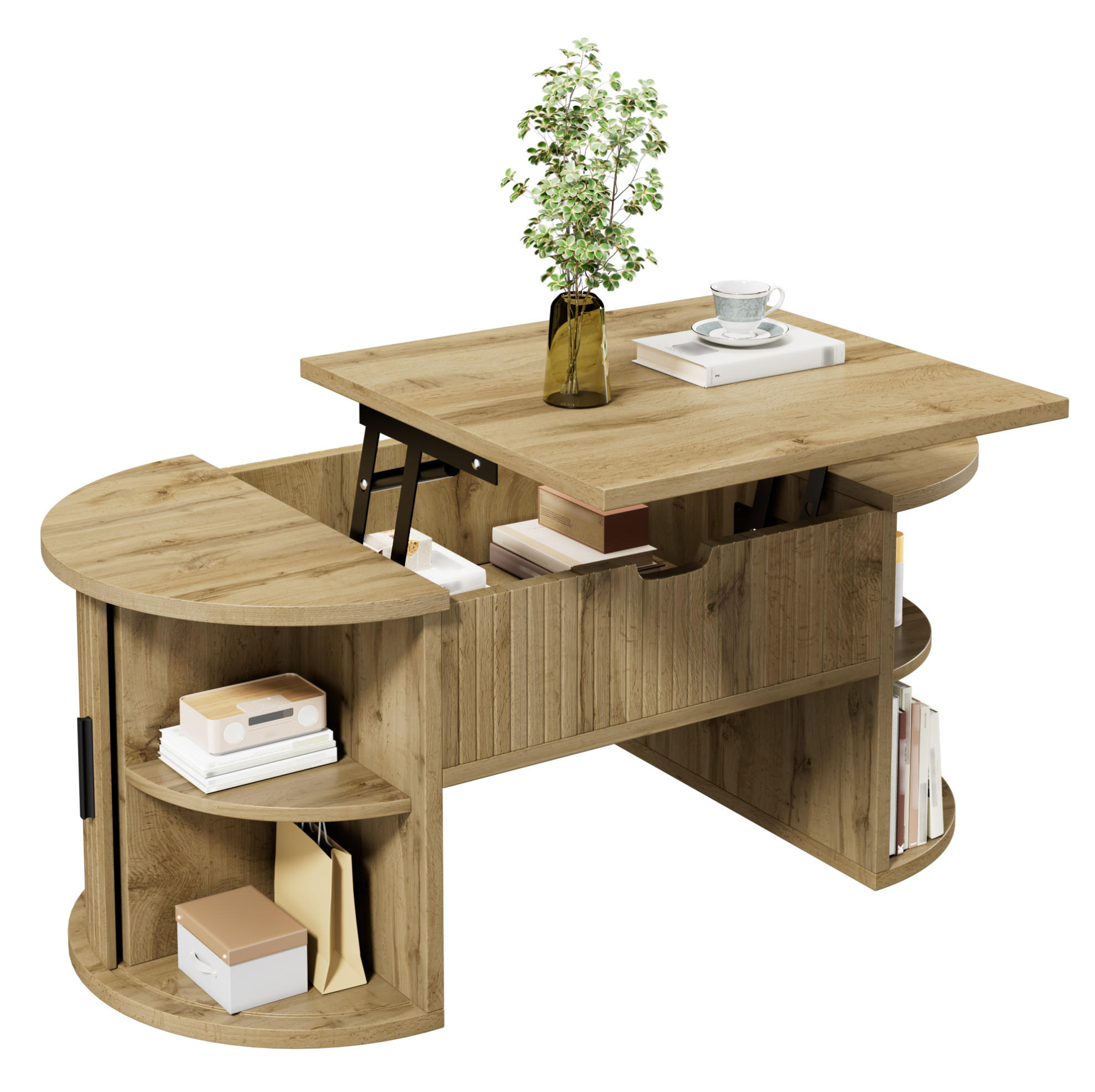 Modfu KONFERENČNÍ stolek z MDF 100x40,5x50 cm dubový s výškově nastavitelnou deskou, posuvnými dveřmi a úložným prostorem