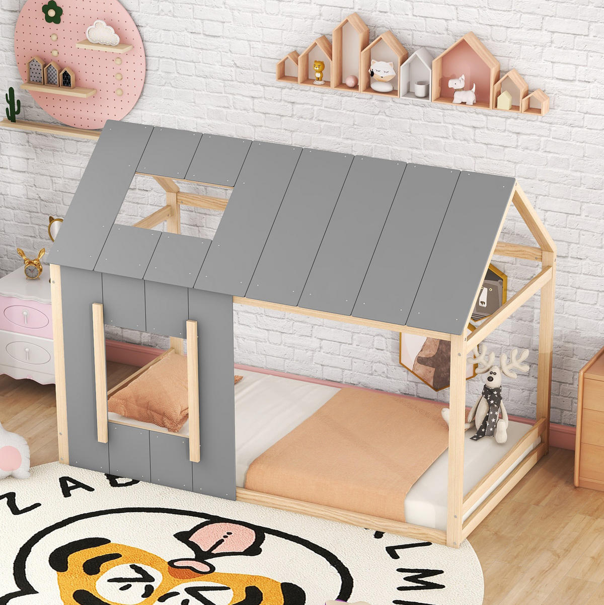 KINDERBETT 90/200 cm in Hausform aus Kiefernholz und MDF, Natur/Grau - Grau, Holz (90/200cm) - BEAOK