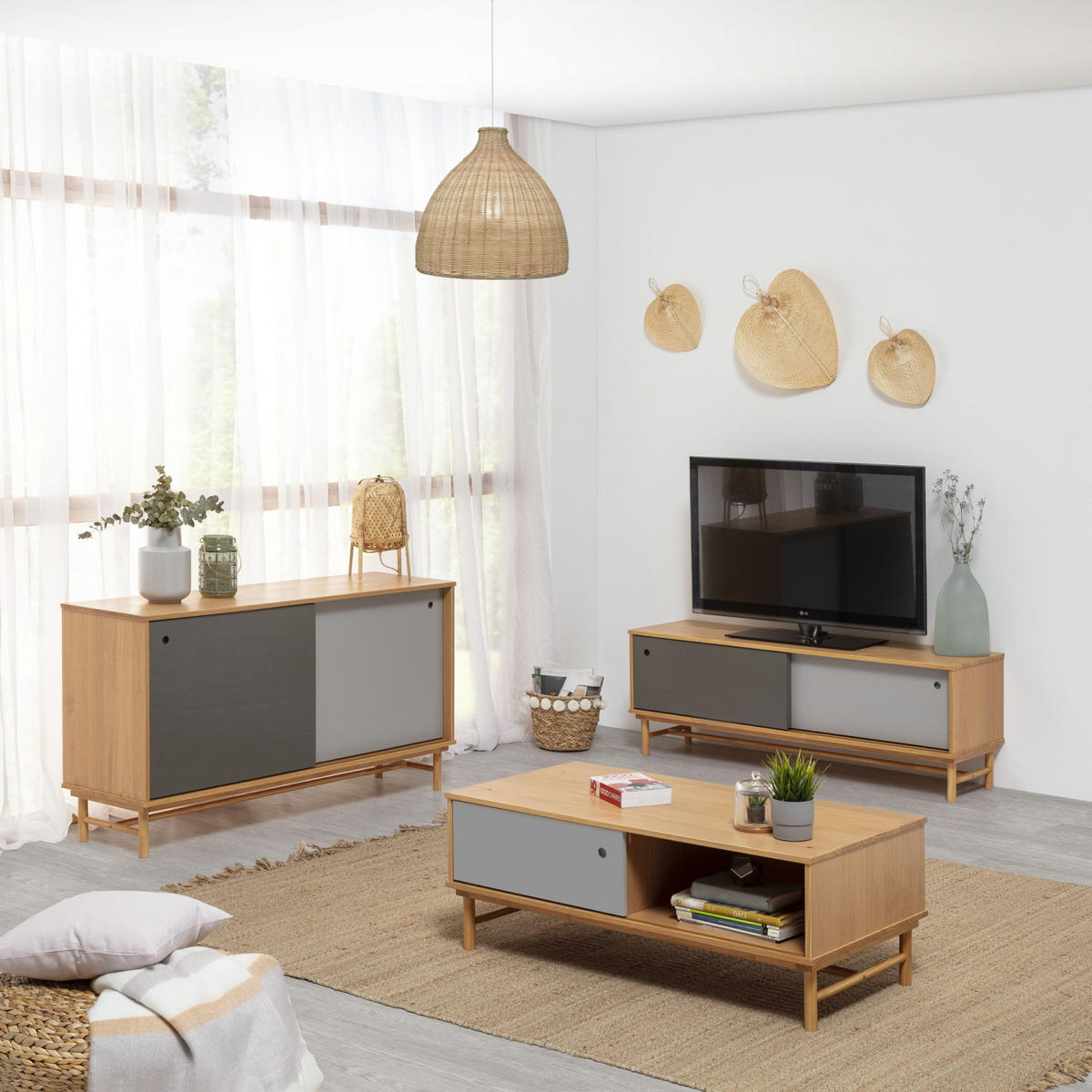 TV-ELEMENT Magnus 2 Schiebetüren Grau - Wildeiche, Holz (140/50/40cm) - VS Venta-stock