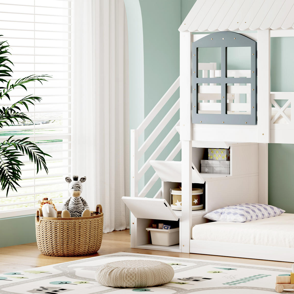 ETAGENBETT 90/200 cm in Weiß & Grau Kinderbett mit 3 Schränken und Dachfenster - Weiß, Holz (90/200cm) - STILVORA