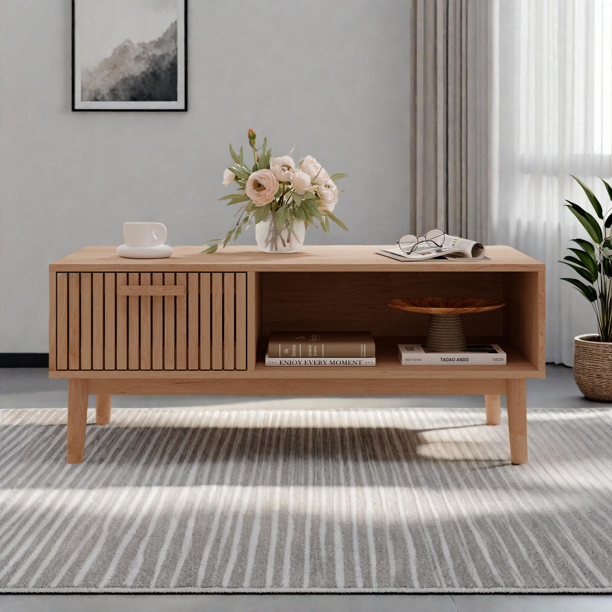 COUCHTISCH Rattan Natur 100 cm mit Stauraum Schublade - Naturfarben, Metall (100/50/43cm) - SHOPENTRA