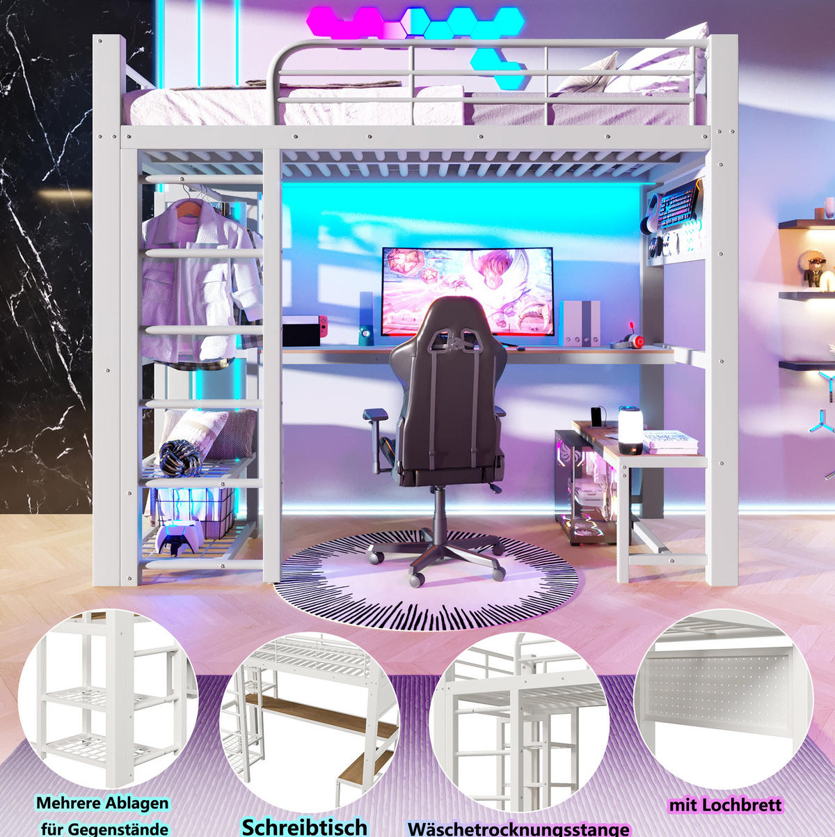 HOCHBETT 90/200 cm aus Metall mit LED-Lichtleiste, Weiß - Weiß, Metall (90/200cm) - OKMYHOME