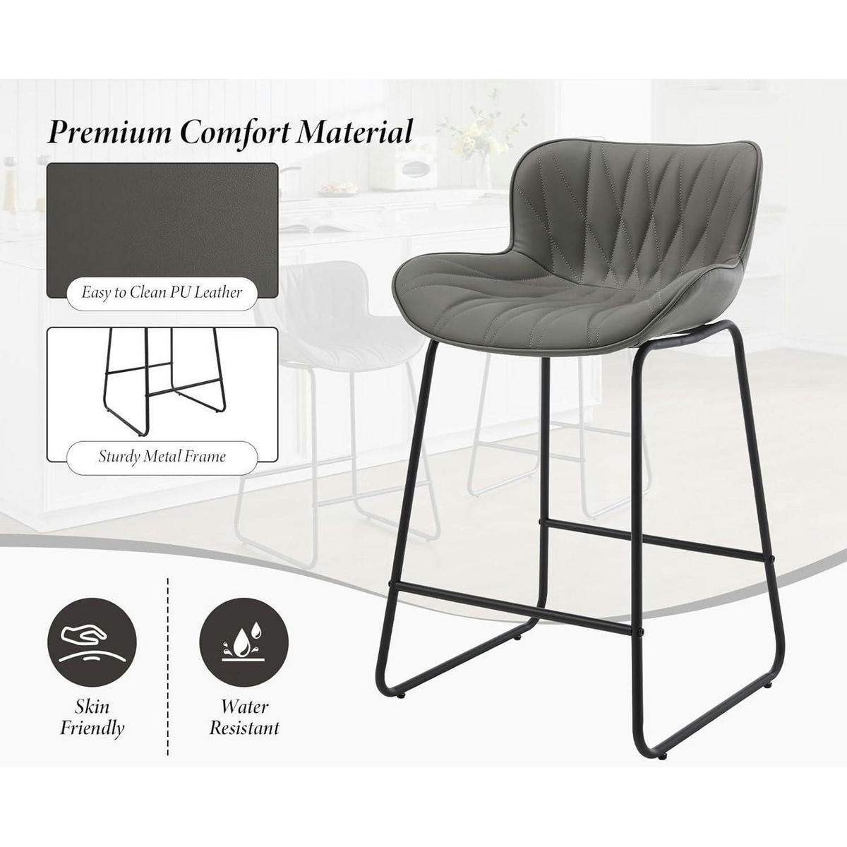 BARHOCKER 4er Set Steppdesign PU Kunstleder Grau - Grau, Kunststoff (52.6/87/52.5cm)