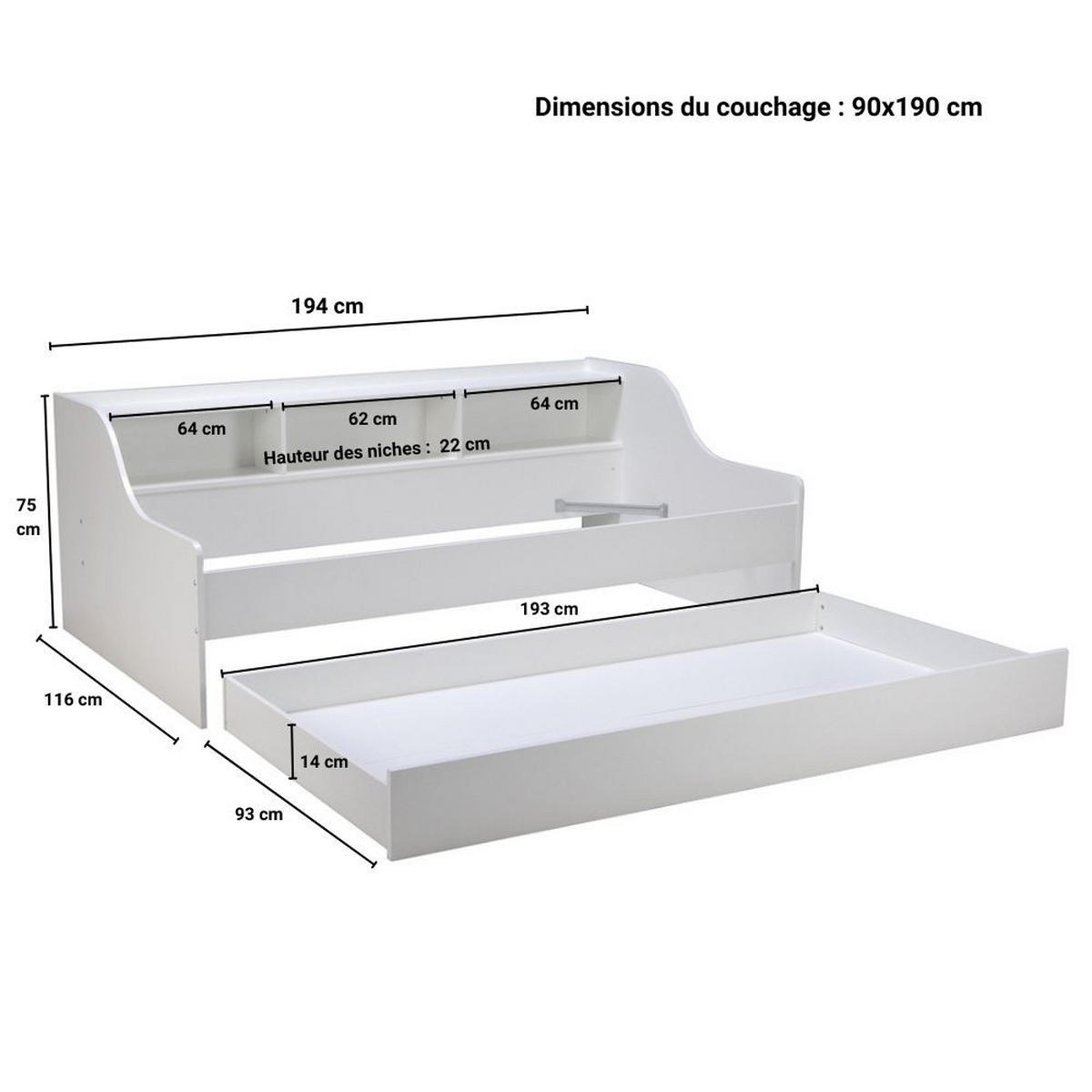 AUSZIEHBETT PALMA mit Regal und Nischen/ Bett 2x90x190 - Weiß - Weiß, Holzwerkstoff (90/190cm) - Weber Industries