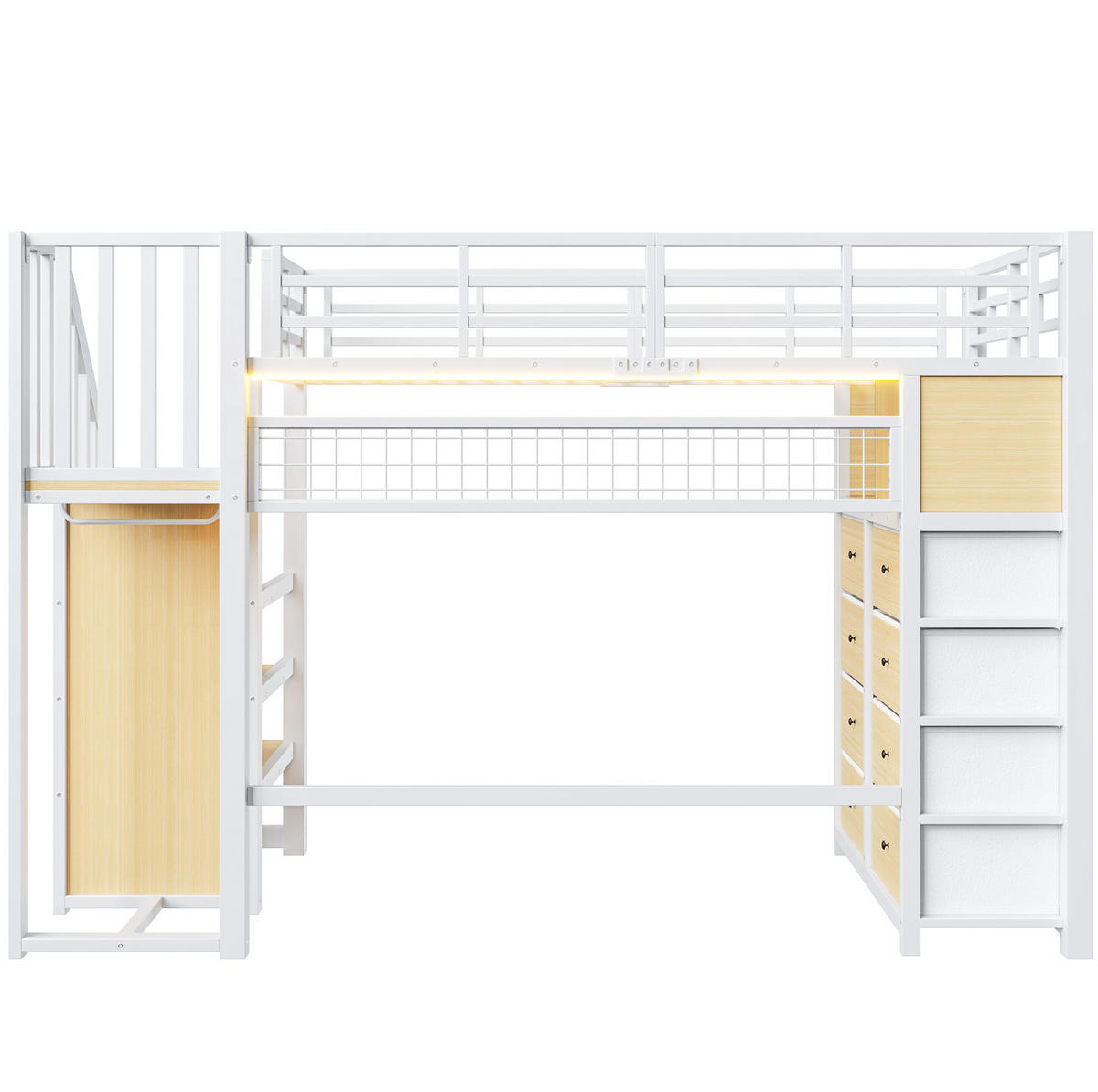 HOCHBETT aus Metall und MDF 90x200 cm Weiß mit 8 Schubladen, Stauraumtreppe und LED-Beleuchtung - Weiß, Holzwerkstoff (90/200cm) - IVMEU