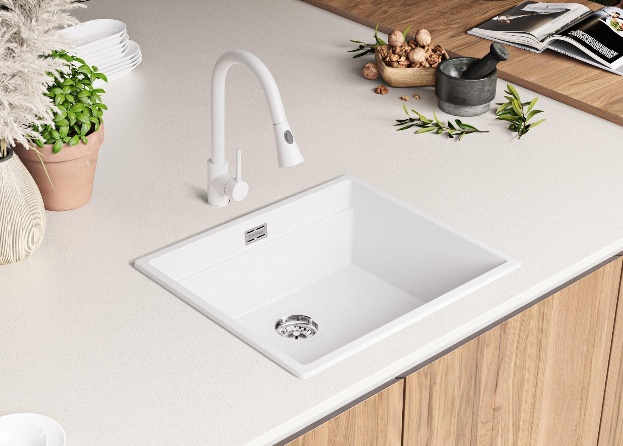 Thumbnail - Primagran Granitspüle, Weiß, Chrom, Weiß, Chrom, Kunststoff, Rechteckig, 56x20x47 cm, Küchen, Küchenausstattung, Küchens...