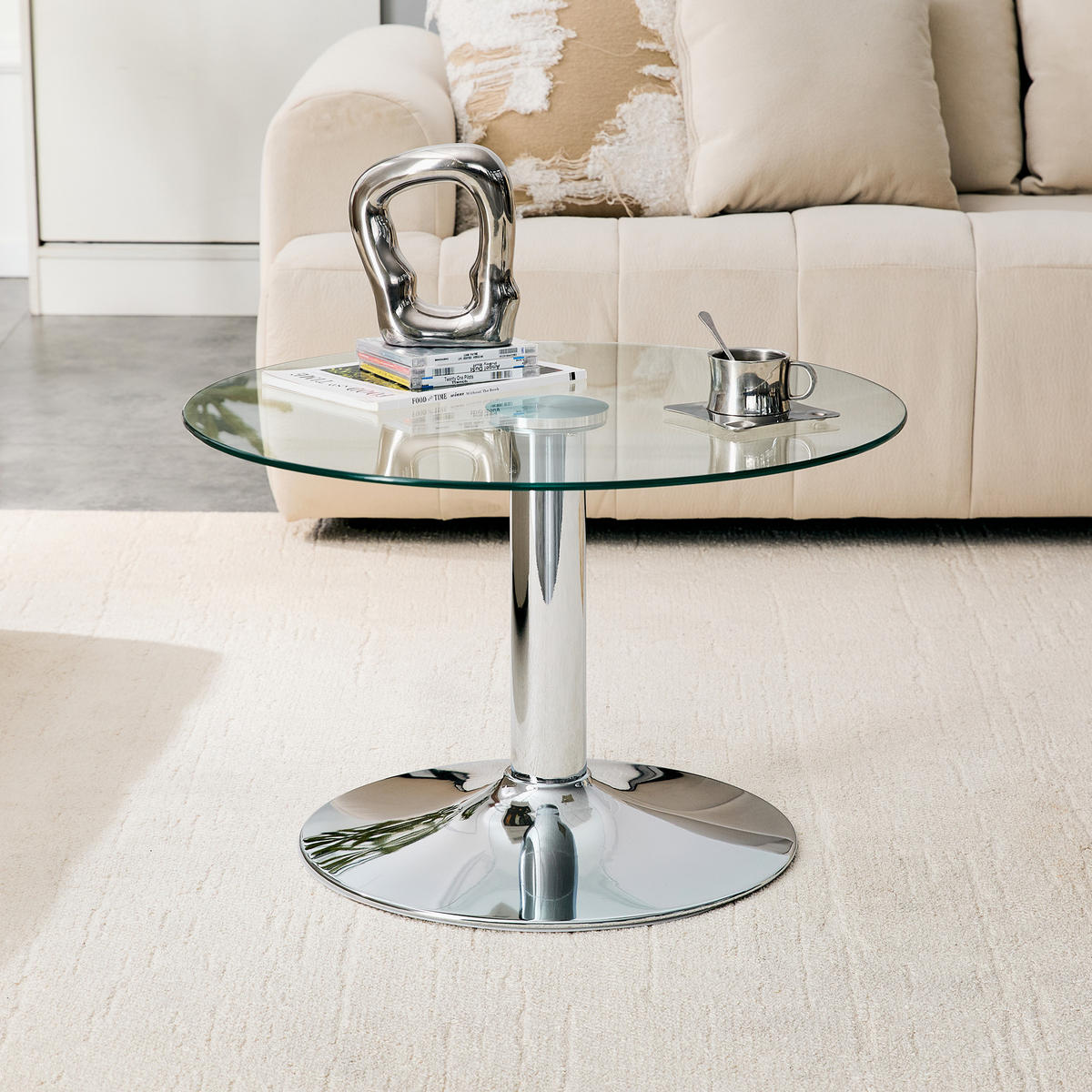 COUCHTISCH DE-37356 rund mit Glasplatte und Metallgestell Silber - Silberfarben, Metall (70/70/45cm) - ComfortXL