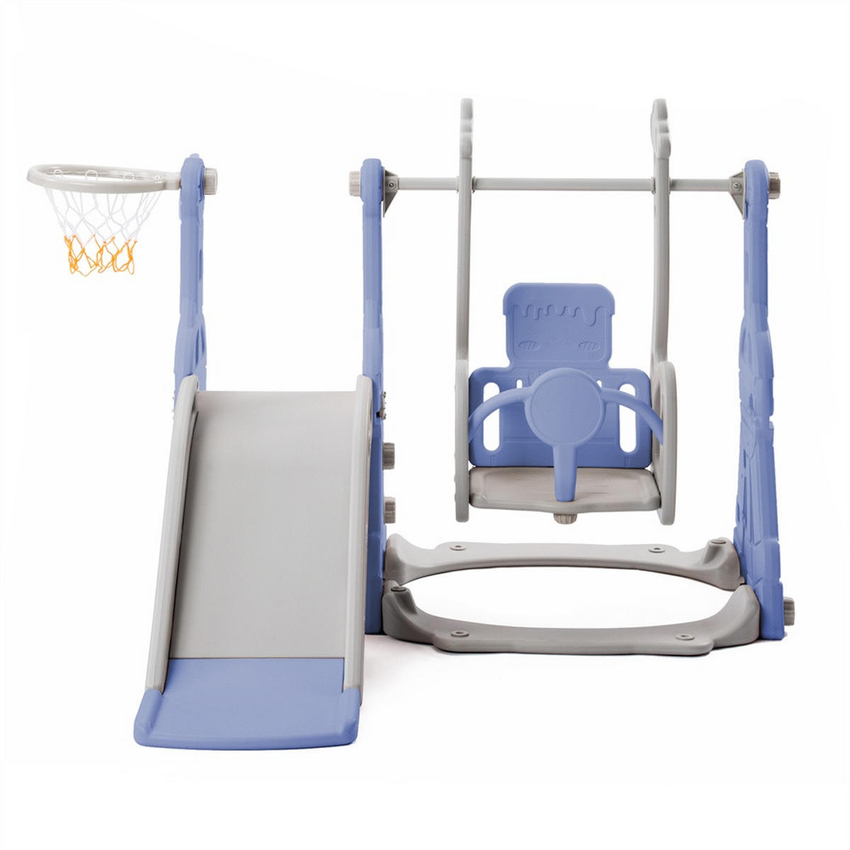 KINDERRUTSCHE mit Klettergerüst, Schaukel, Basketballkorb und Leiter - Blau-Grau - 4-in-1 Multifunktions-Spielplatz - Blau, Kunststoff (118/85/140cm) - DELFA