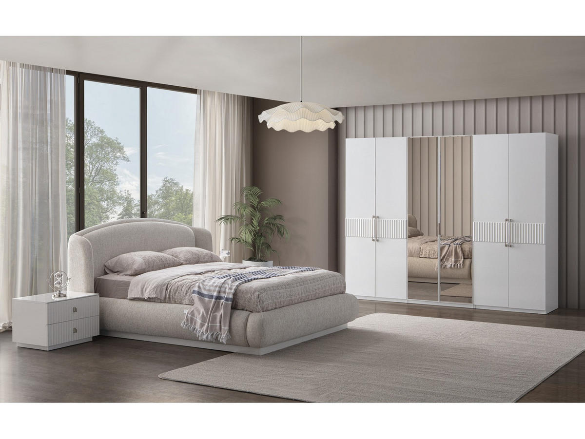 BETTANLAGE BRONZ Schlafzimmer-Set, 4-teilig, Beige, Bett mit Kopfteil, 2 Nachttische und Kleiderschrank - Beige, Leder/Holzwerkstoff (160/200cm) - Villa Möbel