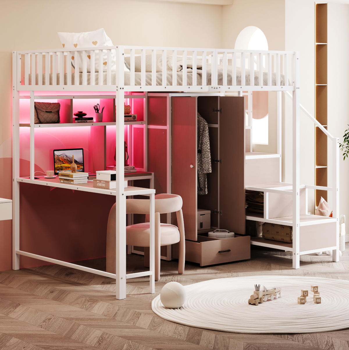 VYSOKÁ postel 140/200 cm bílá s psacím stolem úložným prostorem LED a zásuvkami z kovu a MDF - bílá, kov (140/200cm) - OKWISH