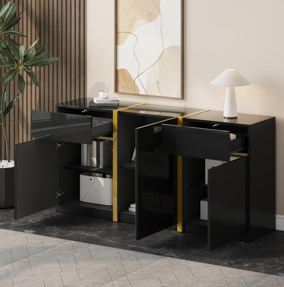 KOMMODE aus MDF & Spanplatte 160x40x78cm in Schwarz mit Hochglanz - Schwarz, Holzwerkstoff (160/78/40cm) - Modfu