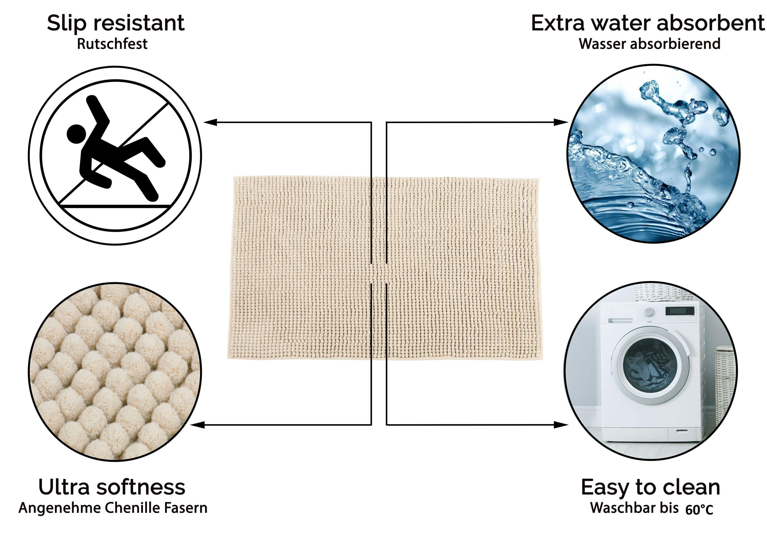 BADEMATTE, 50x80 cm, 100% Polyester, Weiß - Beige, Textil (50/80cm) - Zollner