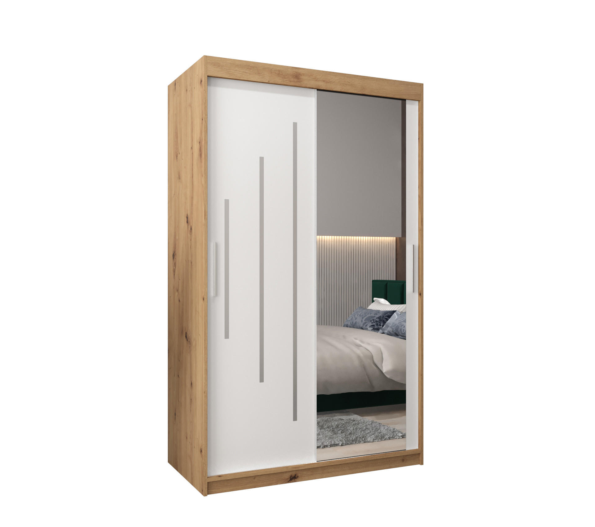 Abiks Möbel Schwebetürenschrank Eiche Artisan, Weiß 120x200x62 cm