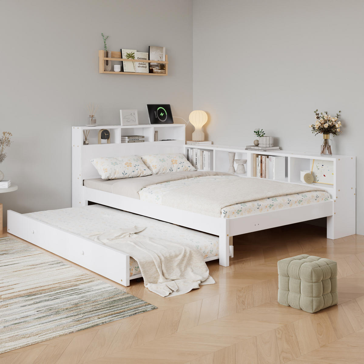 BETT 120/200 cm in Weiß mit Ausziehbett, Stauraumregal, Kopfteilablage und Ladestation - Weiß, Holzwerkstoff (120/200cm) - STILVORA