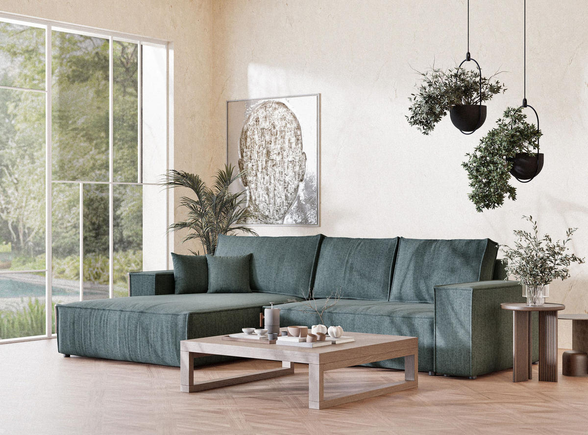 ECKSOFA Maze Blau Webstoff - Links Seite - Blau/Schwarz, Holz/Holzwerkstoff (185/294cm) - Maison de Reve