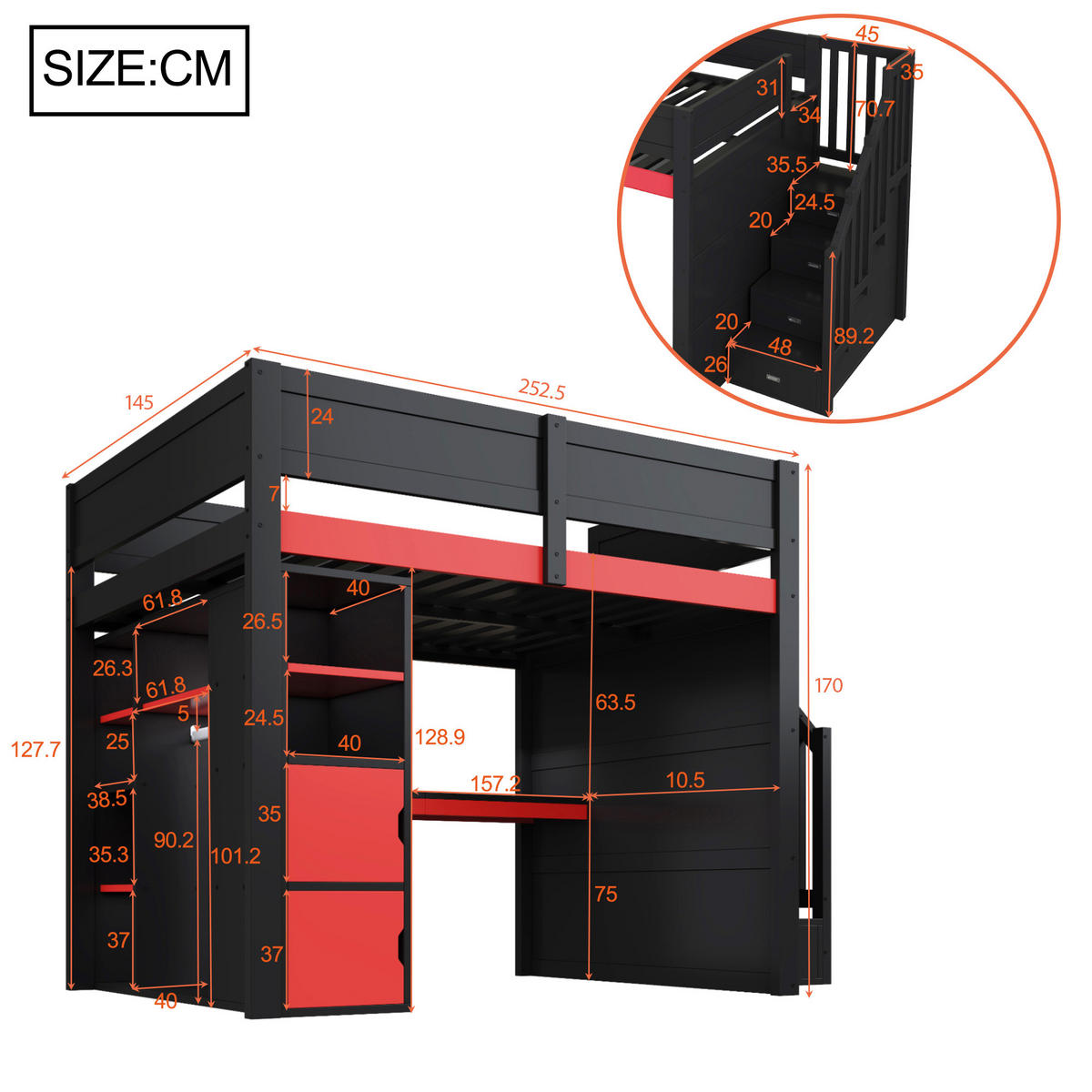 HOCHBETT 140/200 cm schwarz aus MDF mit Schreibtisch und Stauraumtreppe - Schwarz, Holzwerkstoff (140/200cm) - OKWISH