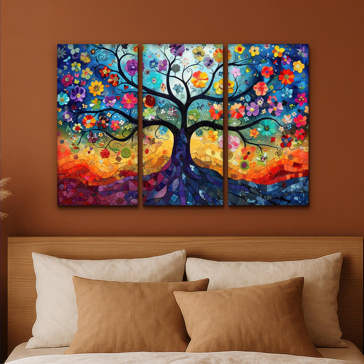 LEINWANDBILD 3er Set Bunt - Baum des Lebens - Blumen - Abstrakt 90x60 cm - Blau, Textil (90/60cm) - MuchoWow