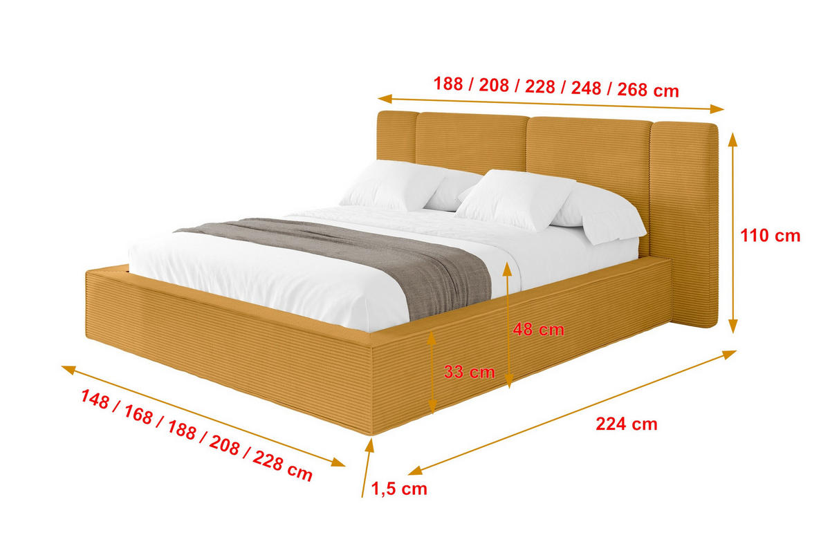 POLSTERBETT mit Bettkasten und Lattenrost, Boxbett ohne Matratze - RIVO 200x200 Senfgelb - Gelb, Holzwerkstoff/Textil (200/200cm) - ALTDECOR