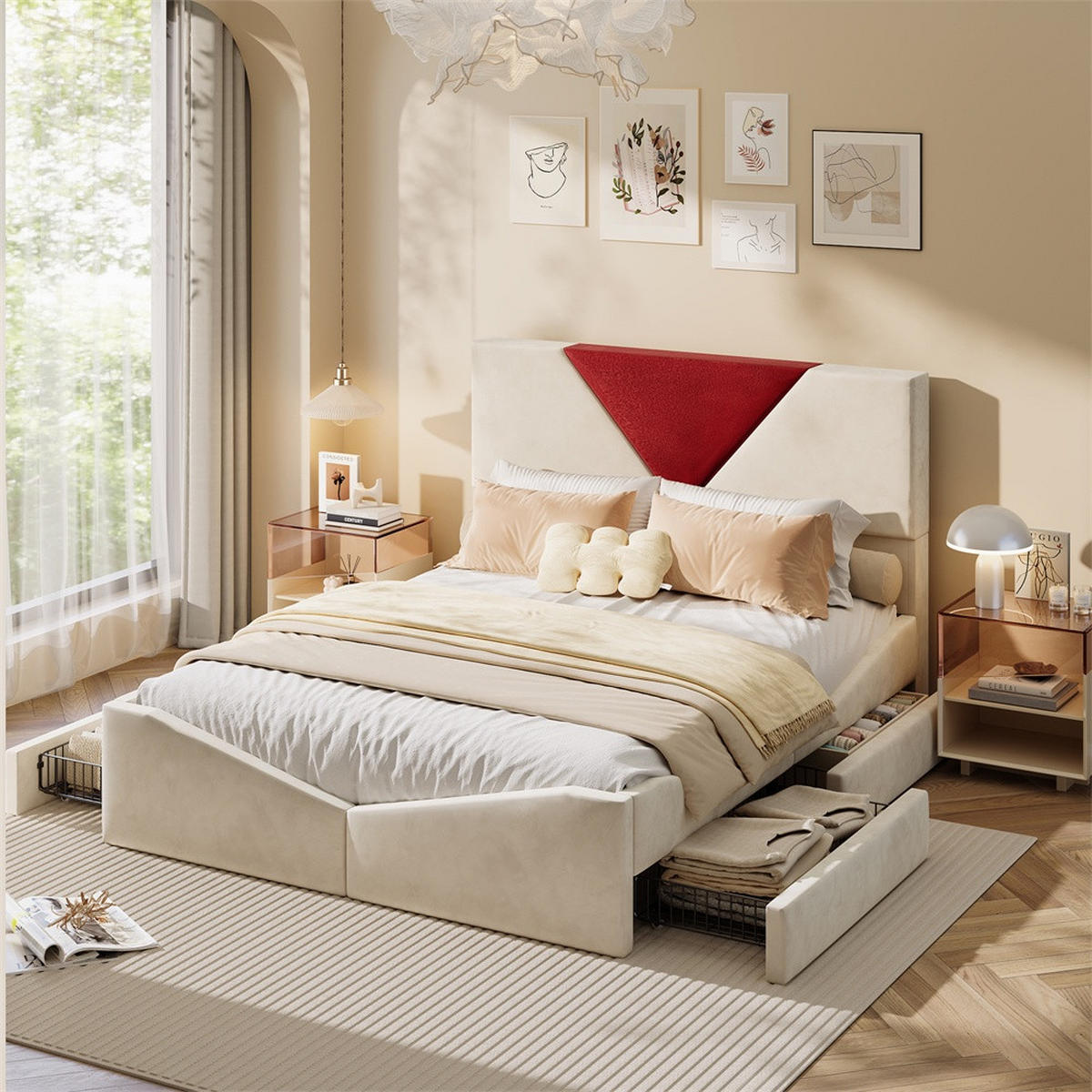 POLSTERBETT 160x200 cm - Doppelbett mit 4 Schubladen und geometrischem Kontrast-Kopfteil - ohne Matratze - Creme-Weiß - Beige, Textil (160/200cm) - DELFA