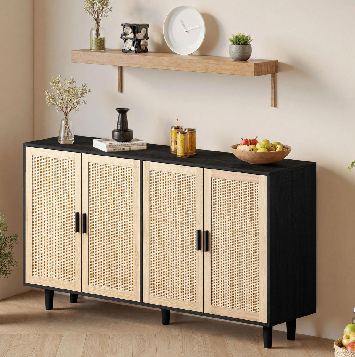SIDEBOARD aus Spanplatte 158x40x88 cm Schwarz mit 4 Rattantüren und verstellbarem Einlegeboden - Schwarz, Holzwerkstoff (158/88/40cm) - IVMEU